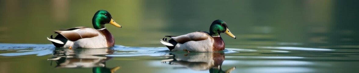 Obraz premium Two mallards swim peacefully on calm lake water, animal, ducks, wildlife photography