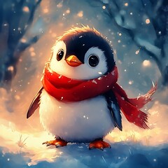 A tiny, chubby penguin wearing a red scarf