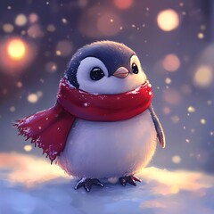 A tiny, chubby penguin wearing a red scarf