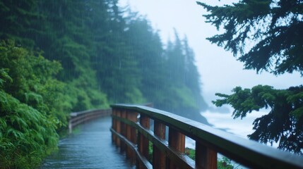 Coastal boardwalk rain, ocean view, lush forest