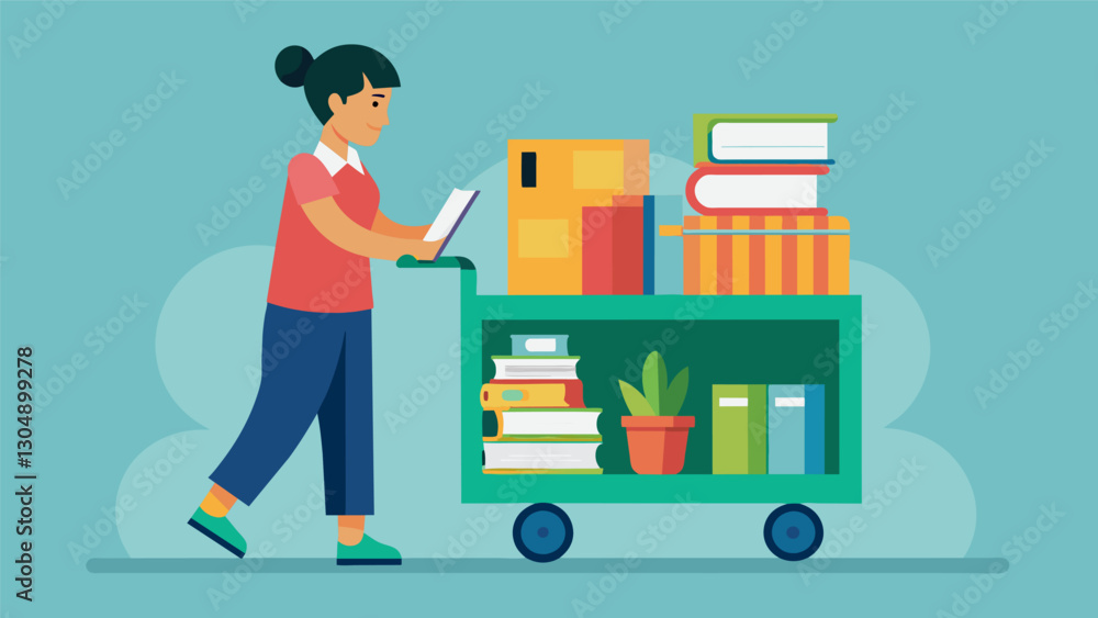 Poster the teacher setting up a mobile cart filled with books and manipulatives for students to use during 