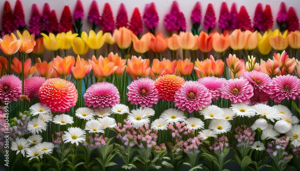 Poster a row of flowers with different colors and sizes the flowers are arranged in a line with some being 