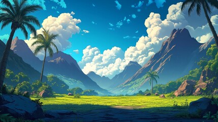 A visually appealing digital illustration of a lush jungle scene with mountains, capturing a beautiful and serene landscape
