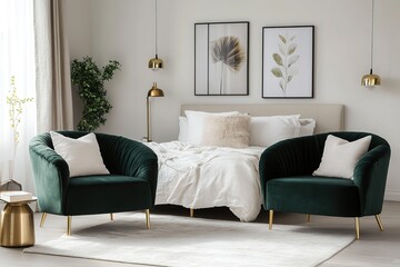 Fototapeta premium Luxurious Emerald Green Velvet Armchairs in Modern Bedroom Interior Design