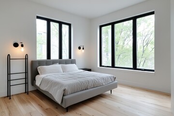Modern Minimalist Bedroom Interior Design with Gray Bed and Large Windows