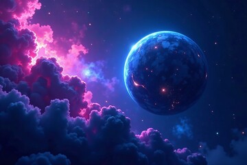 Abstract blue and purple planet in space with glowing stars and nebula clouds, nebula, planet