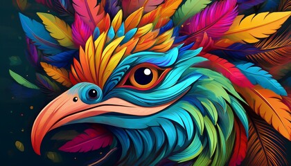 Obraz premium this vibrant artwork features a colorful stylized creature surrounded by lush feathers the bold colors and expressive style evoke a sense of mystery and cultural significance