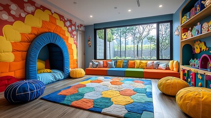 Colorful Playroom Interior Design with Kids Furniture Play Area and Large Window