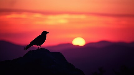 Fototapeta premium Silhouette of a Bird Against a Vibrant Sunset Over Mountains with Colorful Sky in Twilight