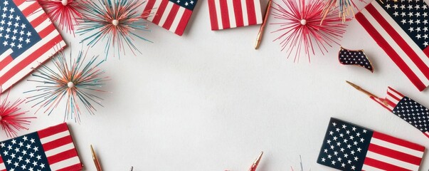 Obraz premium Festive American flags and sparklers create a celebratory border on a neutral background.