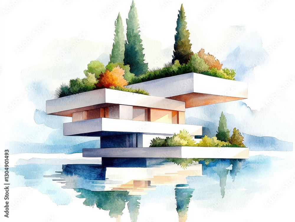 Aufkleber a modern architectural design featuring layered structures and greenery over a reflective water surf
