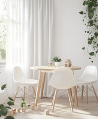 A bright, airy, and minimalist children's playroom with a round wooden table and white chairs. Sunlight streams through sheer white curtains. Small wooden toys and greenery add pops of color and life.