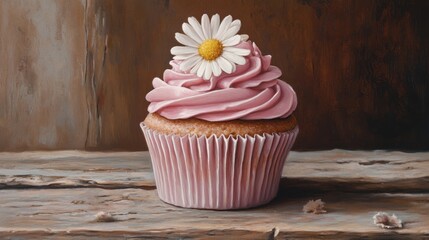 Delicious pink frosting cupcake with daisy flower decoration on rustic wooden surface background perfect for dessert presentation or baking inspiration
