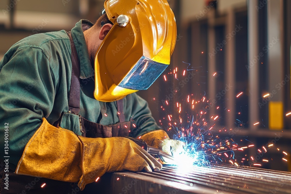 Poster welder working with sparks flying in a workshop setting.