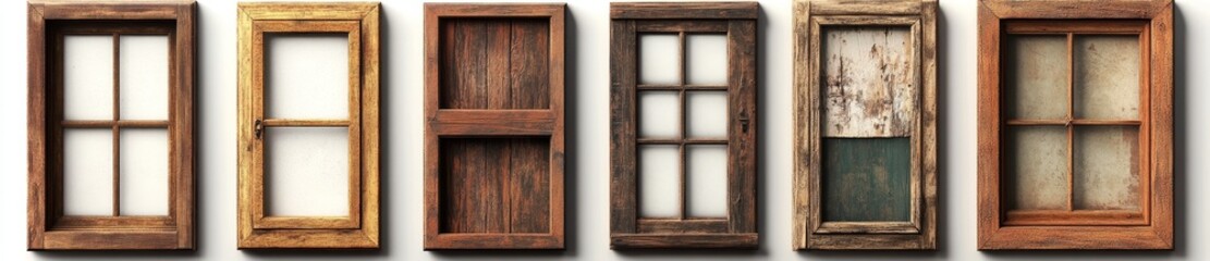 A collection of four varied wooden windows is assembled