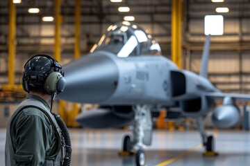 Pilot standing in front of a fighter jet in a hangar, showcasing military aviation.