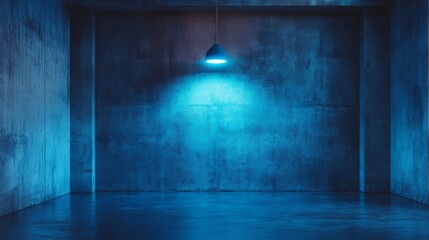 A room with concrete walls and a single blue neon lamp hanging from the ceiling, creating an industrial look