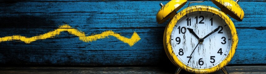 Vintage Yellow Alarm Clock on Wooden Background with Graph Line for Time Management Concept