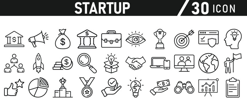 Startup icon set in liner style. Innovation, business plan, investment, launch, funding, investor and entrepreneurship icons. Solid icon collection.