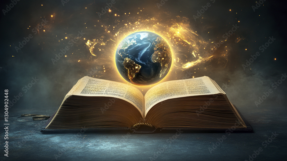 Poster open book with glowing earth hovering above it, creating magical scene
