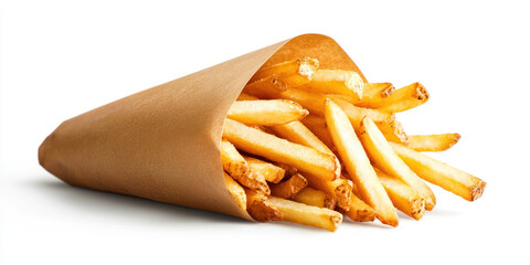 Crispy golden french fries in brown paper cone on white background
