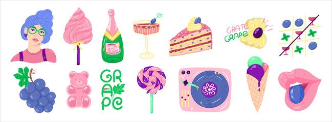 Cartoon pink and purple girl's grape lifestyle set. Cute female icons for life, party, eat, hobby. Cotton candy, jelly bear, cake, bottle, lips, ice cream. Vector illustration isolated in a white back