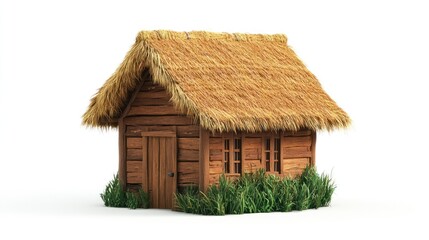 3D Rendered Wooden Hut with Thatched Roof