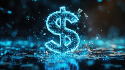Blue Neon Dollar Sign in Water with Floating Money Creating a Glowing Effect Symbolizing Wealth and Finance in a Digital World