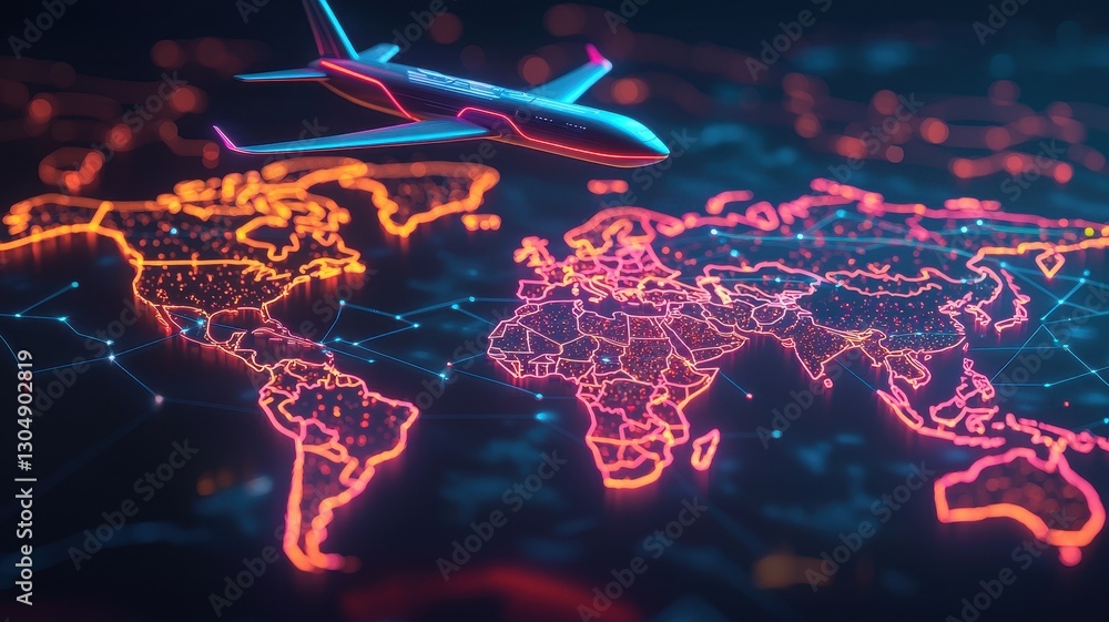 Aufkleber digital world map with an airplane flying over colorful neon lines representing travel and connectiv