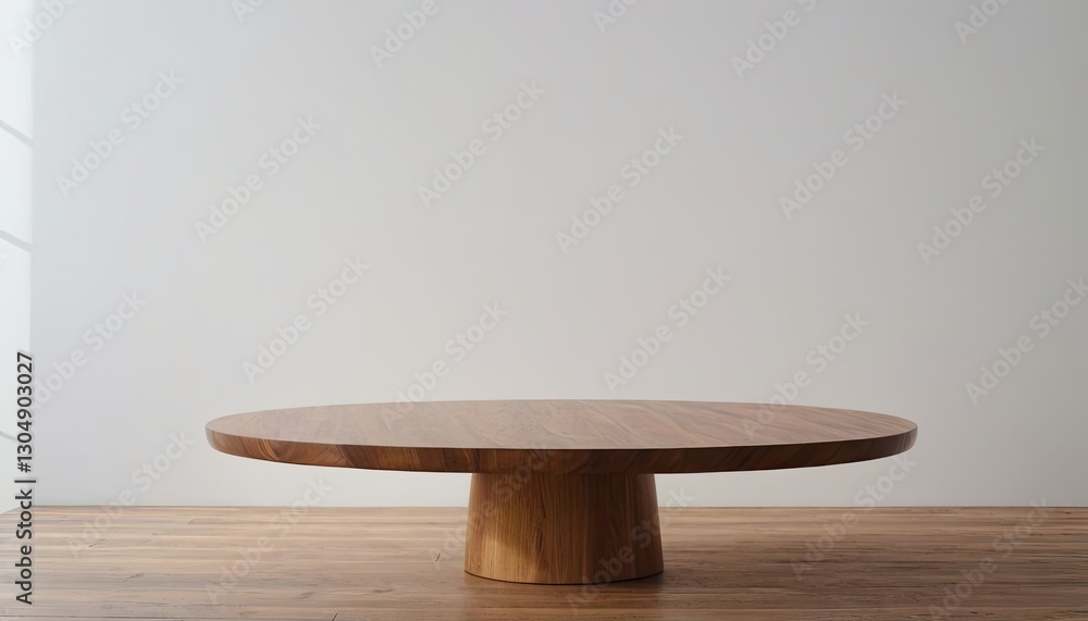 Poster round wood table top with abstract shadow drop on white wall background for mockup product display. 