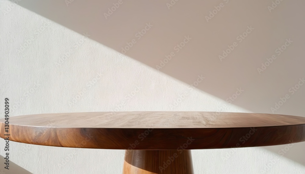Poster round wood table top with abstract shadow drop on white wall background for mockup product display. 