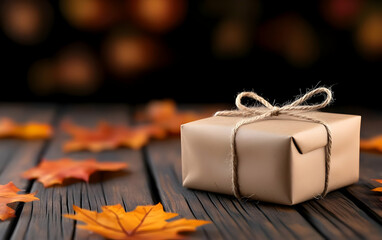A beautifully wrapped gift box resting on a wooden surface surrounded by autumn leaves, creating a warm and inviting atmosphere.