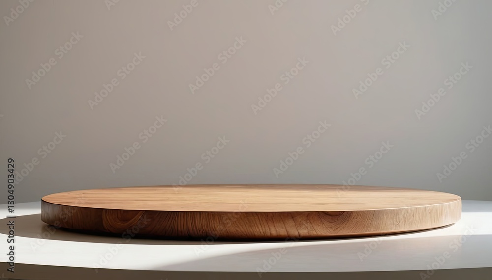 Poster round wood table top with abstract shadow drop on white wall background for mockup product display. 