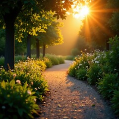Morning sun casts a warm glow on the garden path, walkway, pathway