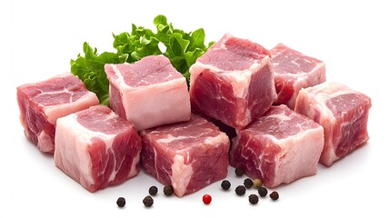 Freshly Cut Cubes of Raw Beef Surrounded by Green Lettuce and Mixed Peppercorns