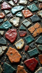 Mosaic with broken glass and stone on a wooden floor, weathered, ancient