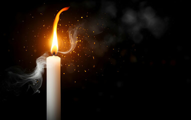 Fototapeta premium A beautiful candle emits a warm glow and flickering flame, creating a serene ambiance with gentle smoke in a dark background.