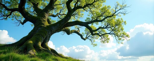 Moss-covered gnarled tree with branches stretching towards sky, branches, sky, woodland