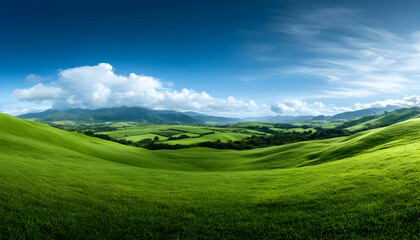 Fototapeta premium A breathtaking green landscape under a vast blue sky, showcasing rolling hills and fluffy white clouds in the distance.