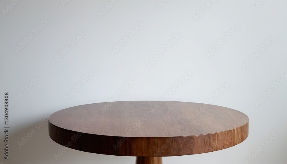 Poster round wood table top with abstract shadow drop on white wall background for mockup product display. 