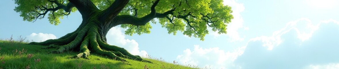 Moss-covered gnarled tree with branches stretching towards sky, moss, sky, scenery
