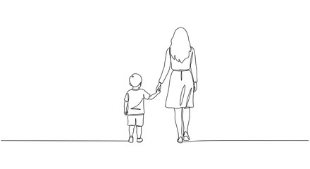 Obraz premium In continuous line art drawing style, mother and daughter spinning around together. Two generations of women. Black linear sketch isolated on white. 