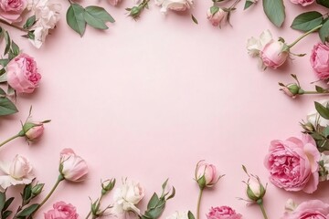 Pink roses and buds frame on pink background.