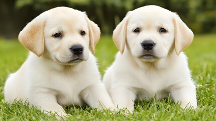 Two Cute Labrador Puppies Sitting Together on Fresh Green Grass in a Natural Outdoor Setting