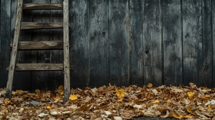 Wooden ladder against autumnal shed wall