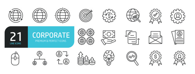 Set of line icons related to corporate, business. Outline icons collection. Editable stroke. Vector illustration