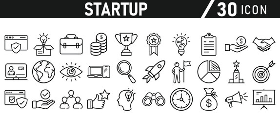 Startup icon set in liner style. Innovation, business plan, investment, launch, funding, investor and entrepreneurship icons. Solid icon collection.