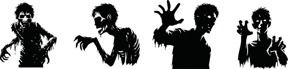 Zombie standing and walking actions in Silhouette style collection. Full lenght of people resurrected from the dead isolated on white.