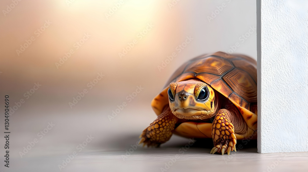 Poster a close-up of a curious turtle exploring its surroundings in a soft, warm light, showcasing its intr