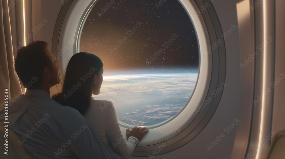 Poster this passengers gaze at earth from a spaceplane window, experiencing suborbital travel and zero grav